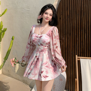 遮肉连体三角胖mm度假泳装 显瘦泡温泉微胖女孩长袖 泳衣女大码 新款