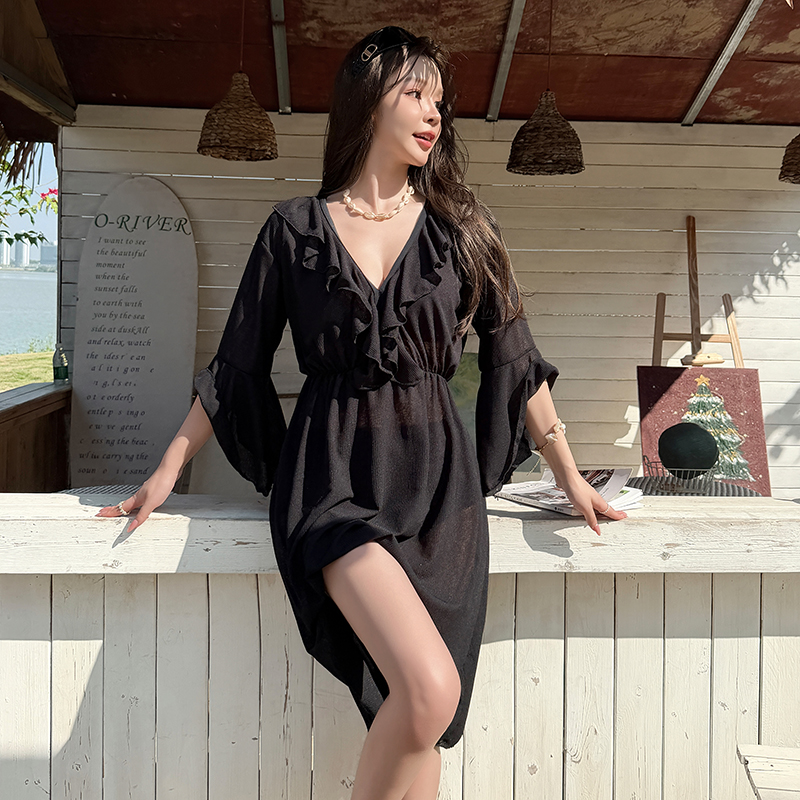 性感黑色长袖三件套罩衫大码泳衣女遮肚显瘦沙滩度假风温泉泳装