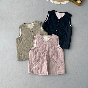 亚麻夹棉马甲外套绗缝保暖百搭短款 小马夹日常通勤日系背心女秋冬