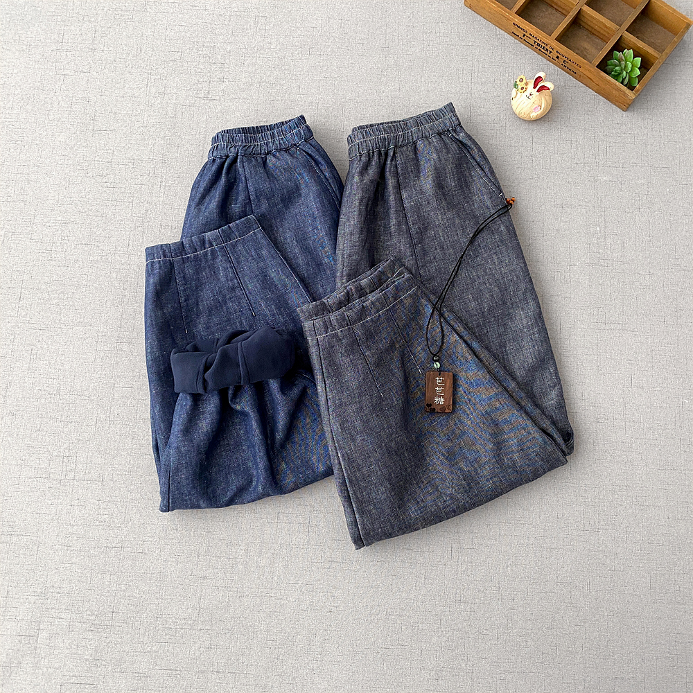 冬季新品女裤水洗亚麻牛仔裤加绒厚实保暖休闲裤宽松舒适萝卜裤