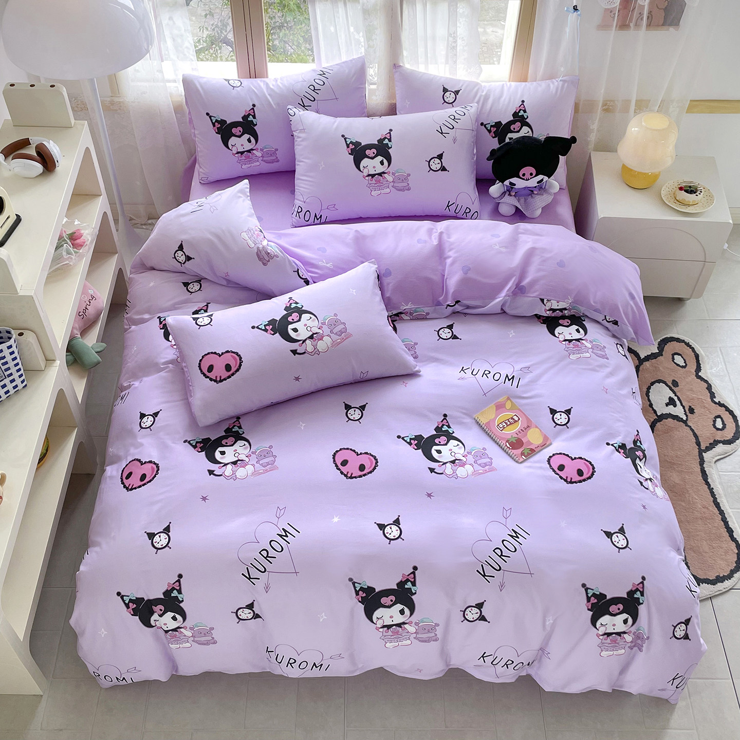 库洛米全棉四件套学生宿舍纯棉卡通儿童床笠被套女孩床单人三件套