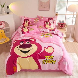 迪士尼全棉卡通四件套草莓熊纯棉床上用品床笠儿童宿舍三件套女孩