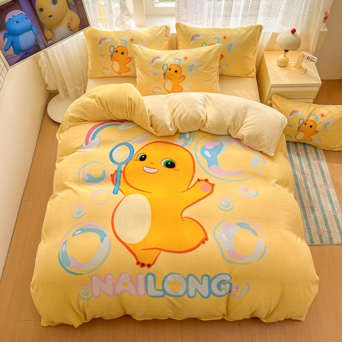 小奶龙牛奶绒四件套秋冬儿童珊瑚绒床单被套卡通青少年床上三件套,床上用品,床品套件/四件套/多件套,淘宝优惠券,粉丝福利购,淘宝优惠卷