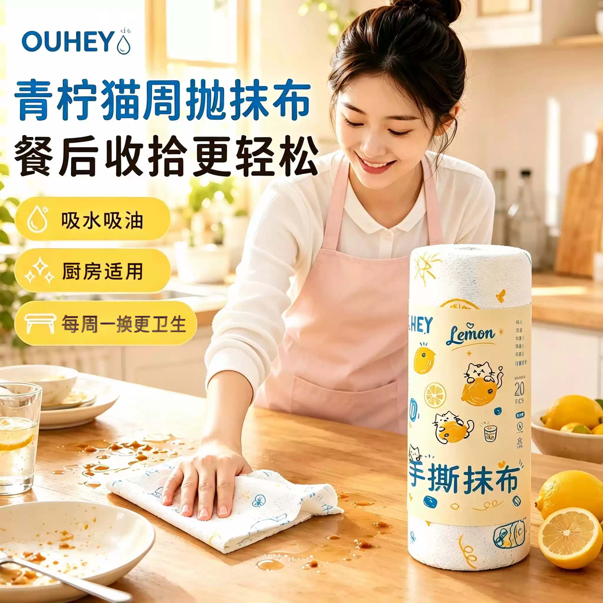 10A抗菌超细纤维青柠猫印花手撕厨房洗碗布周抛懒人抹布-OUHEY