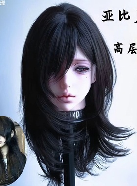 哥特风假发长直发黑色日系高层次发型亚裔风斜刘海古早感全头套式