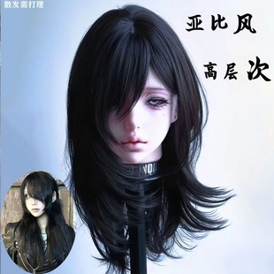 哥特风假发长直发黑色日系高层次发型亚裔风斜刘海古早感全头套式