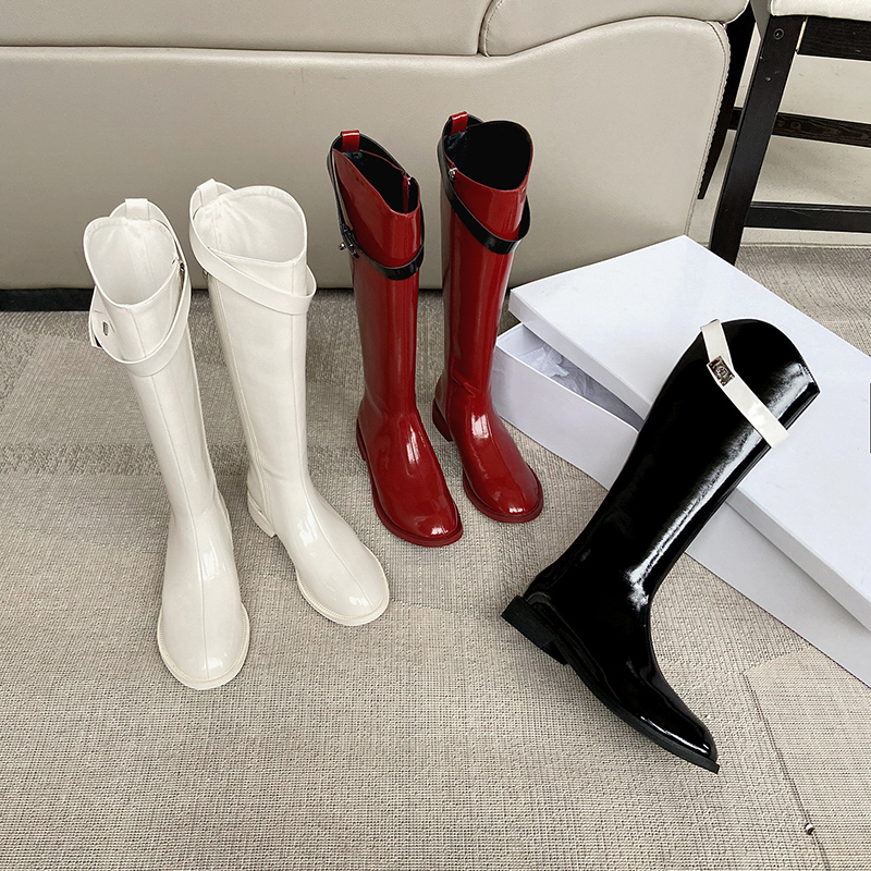 网红漆皮平跟不过膝骑士靴订制