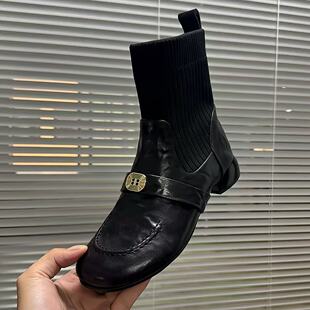羊皮版/法式复古手抓羊皮袜子靴女2025秋冬新款名媛低跟弹力短靴