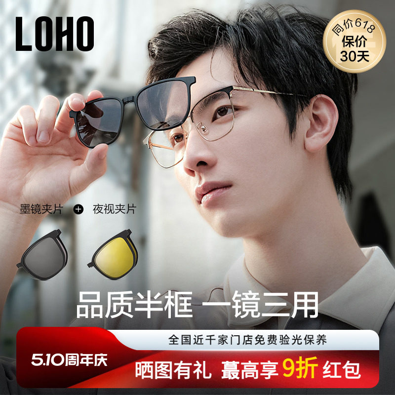 【一镜三用】LOHO近视眼镜磁吸墨镜半框大框套镜太阳镜夹片带度数