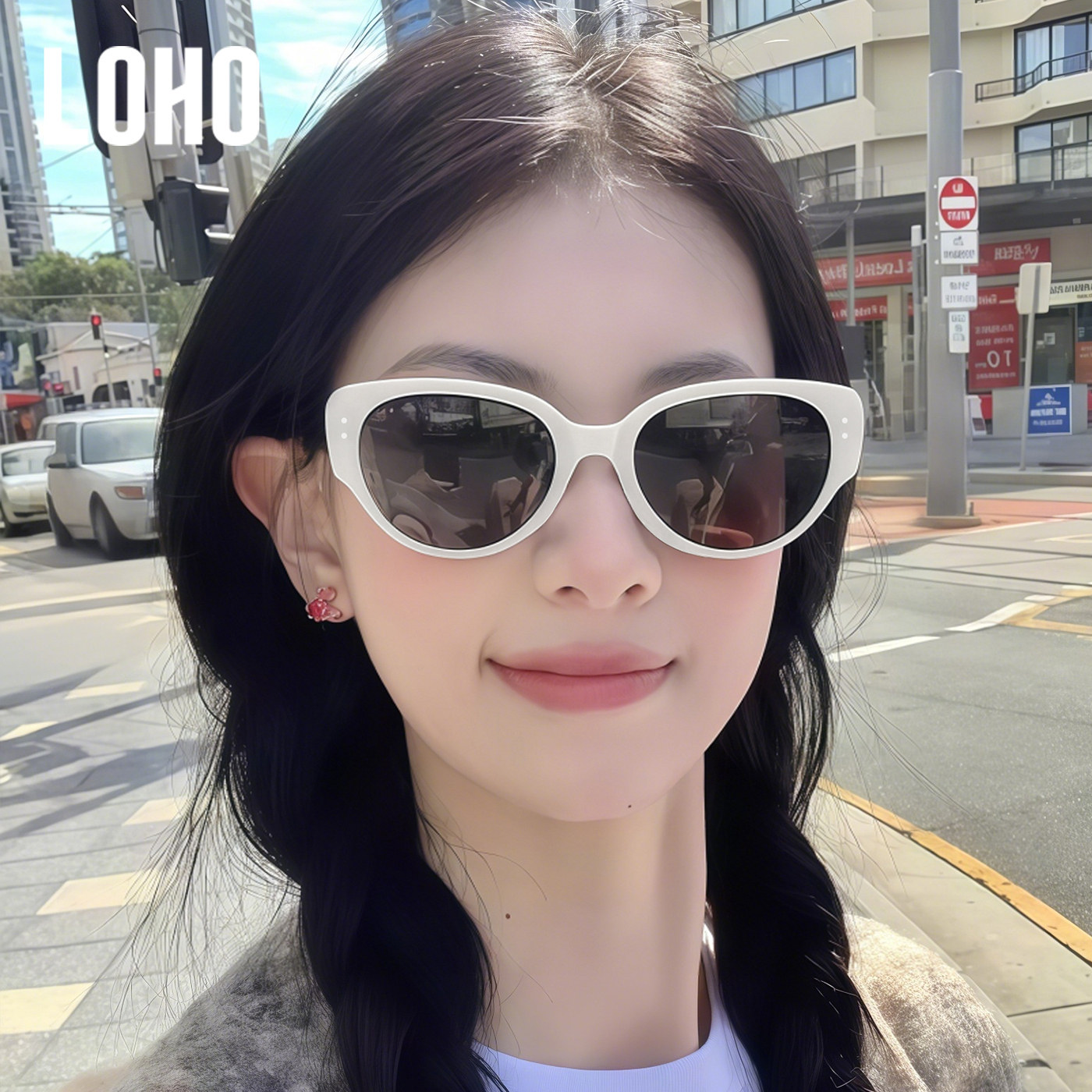 【新年度假】LOHO猫眼白框方圆脸墨镜海边偏光开车显脸小太阳镜女