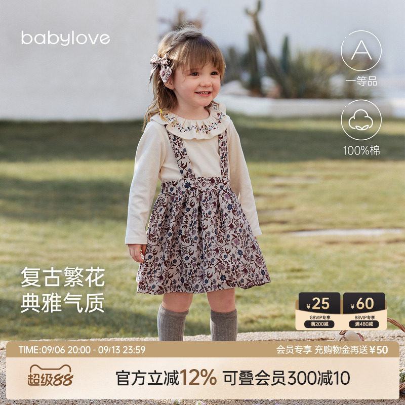 babylove女宝宝春秋季纯棉背带裙婴儿法式碎花外出公主裙堇色花枝