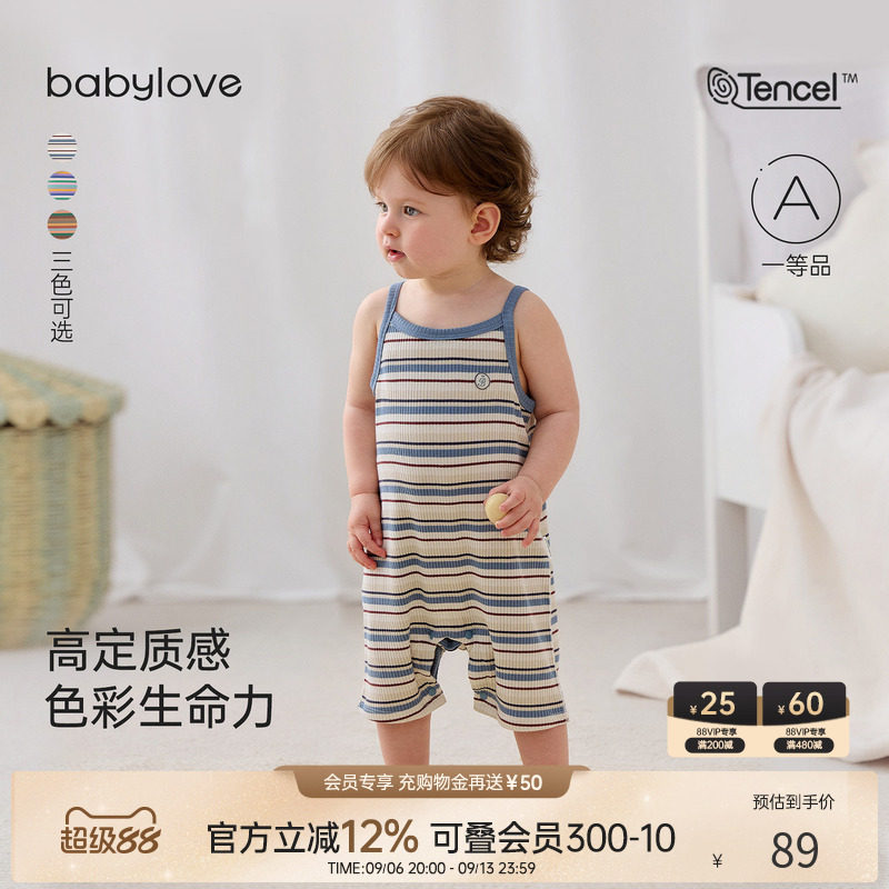 babylove婴儿连体衣夏季莫代尔色织条纹短爬宝宝弹力吊带哈衣爬服图片