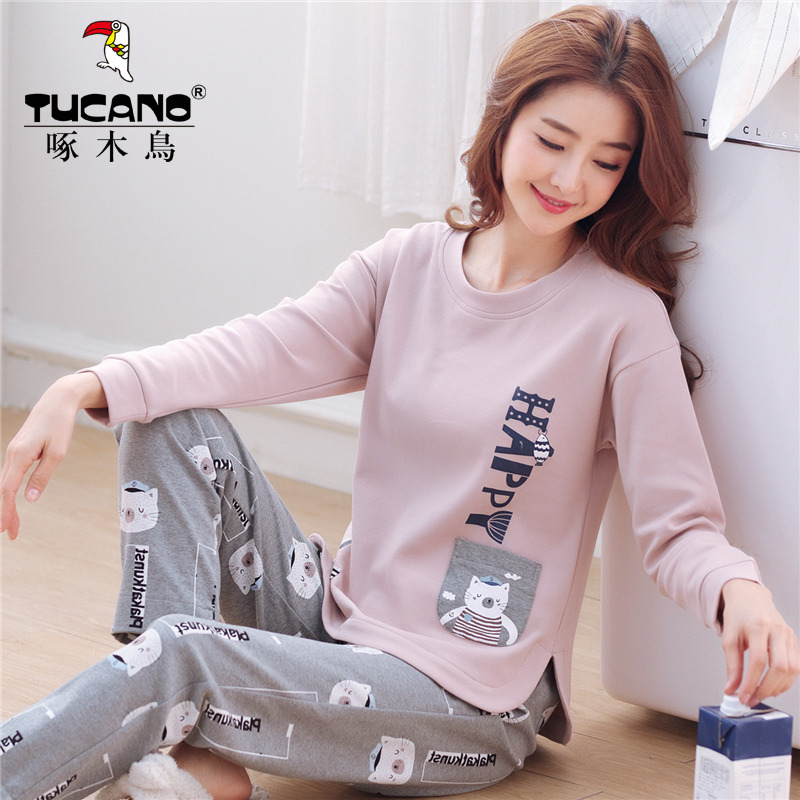 啄木鸟纯棉睡衣女长袖春秋季套装