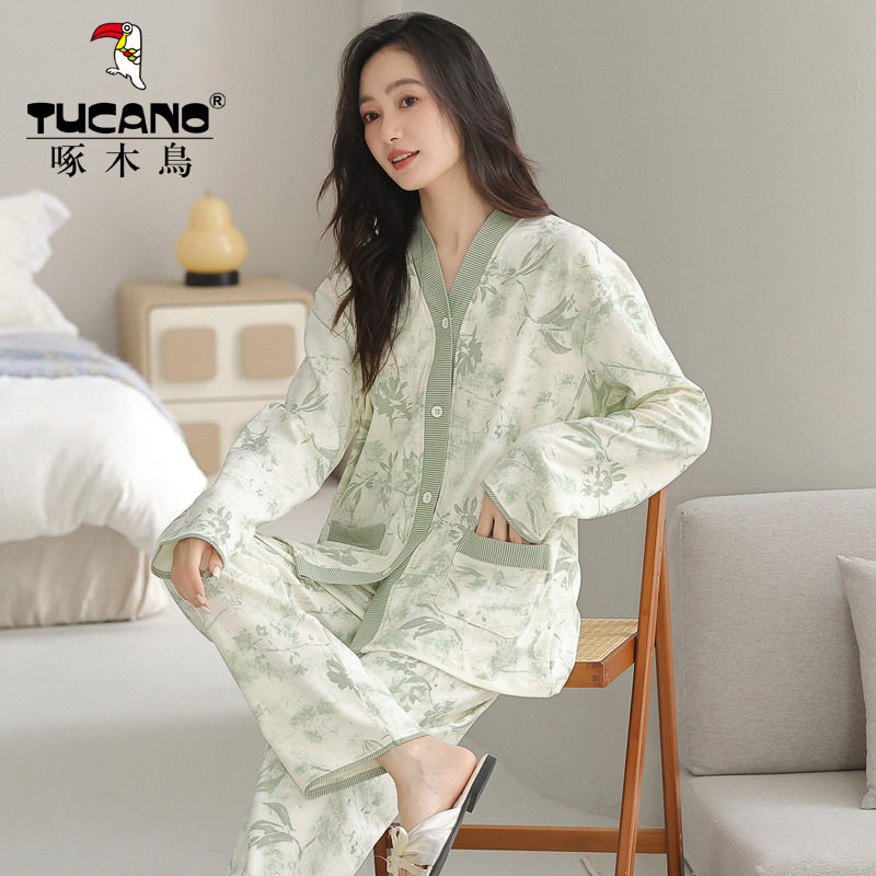 啄木鸟睡衣女款春秋季纯棉V领长袖长裤两件套装复古风清雅家居服,女士内衣/男士内衣/家居服,睡衣/家居服套装,淘宝优惠券,粉丝福利购,淘宝优惠卷