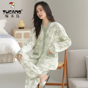 啄木鸟睡衣女款春秋季纯棉V领长袖长裤两件套装复古风清雅家居服
