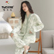 春秋季 纯棉V领长袖 长裤 啄木鸟睡衣女款 两件套装 复古风清雅家居服