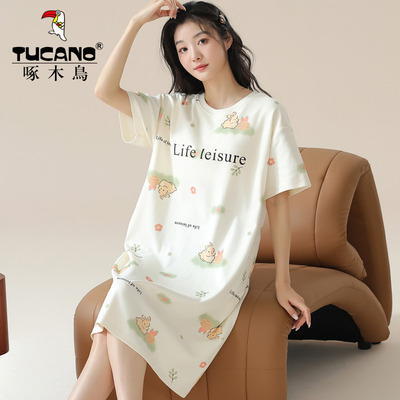 可爱睡裙女夏季纯棉短袖中长款