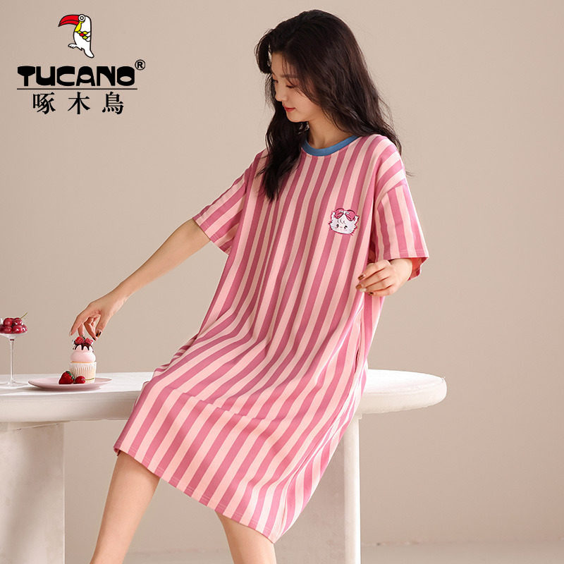 啄木鸟睡裙女夏季短袖纯棉可爱2025新款宽松大码中长款睡衣家居服