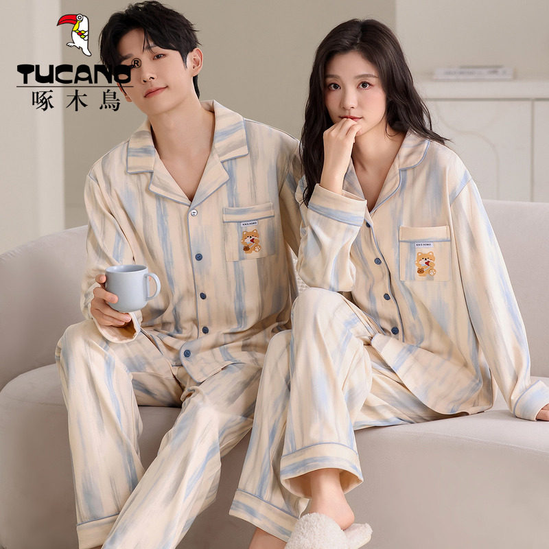 啄木鸟情侣睡衣女款春秋冬季纯棉夏天长袖男士两件套装全棉家居服