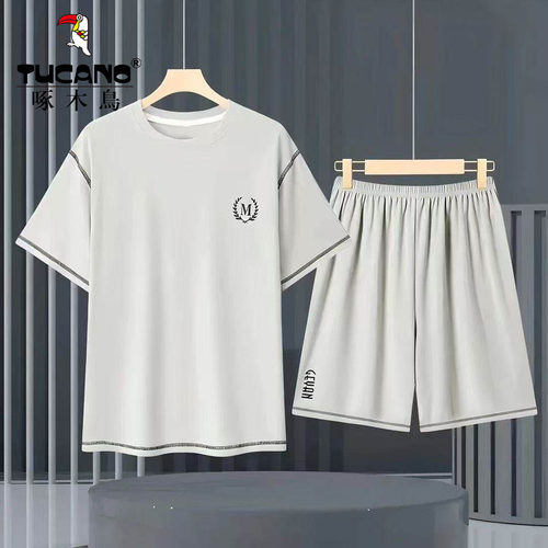 啄木鸟凉感男士睡衣男夏季短袖短裤薄款宽松简约夏天家居服两件套