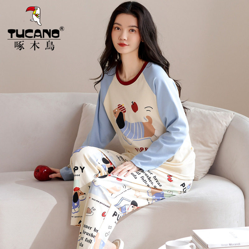 啄木鸟甜美风纯棉睡衣女款春秋冬季长袖长裤可爱家居服套装可外穿