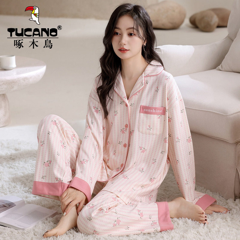 啄木鸟纯棉睡衣女2025年新款冬季长袖开衫春秋天家居服套装可外穿