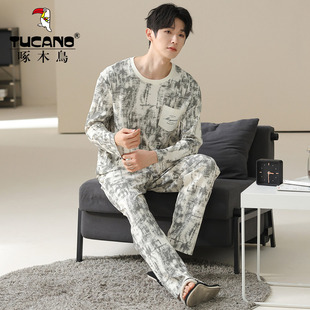 啄木鸟100%纯棉男士家居服春秋季舒适长袖长裤冬夏天睡衣男可外穿
