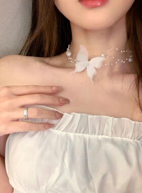 超仙森系镶钻蝴蝶结缎带项链气质时尚颈链网红同款高级感饰品批发