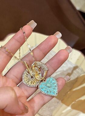 vintager古着叠戴蓝色太阳花爱心吊坠金色项链女款穿搭配饰锁骨链