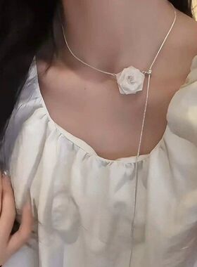 韩系闪锆网纱玫瑰花可抽拉式项链女轻奢小众高级感锁骨链颈链配饰
