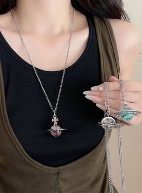 银色长款立体土星吊坠项链女轻奢高级感锁骨链颈链百搭毛衣链配饰