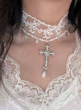 纯欲风蕾丝十字架流苏项链女高级感choker颈带项圈锁骨链婚纱配饰