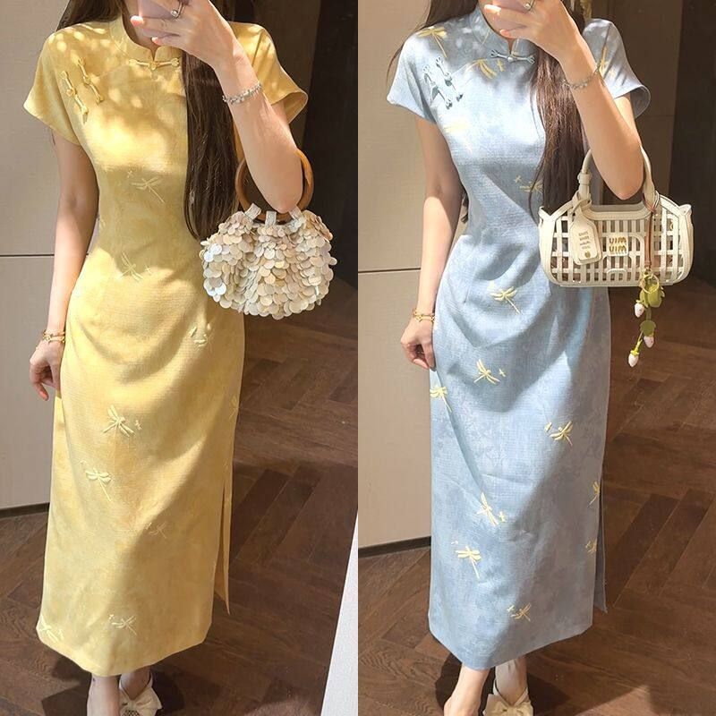 新中式盘扣刺绣旗袍民国复古黄色女夏季小个子日常穿少女感连衣裙