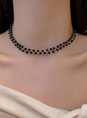 冷淡风黑色水晶颈链2023年新款韩国气质简约项链网红高级感锁骨链