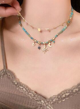 蓝色芒星串珠叠戴项链女款轻奢小众锁骨链波西米亚太阳花夏天颈链