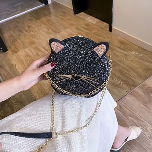新款 女士包包斜挎包百搭 女包亮片猫咪小圆包女时尚 单肩包小韩版