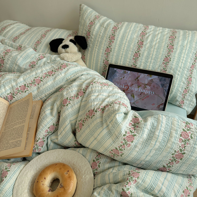 韩系INS博主法式复古花朵全棉色织四件套水洗棉宿舍单双人床品