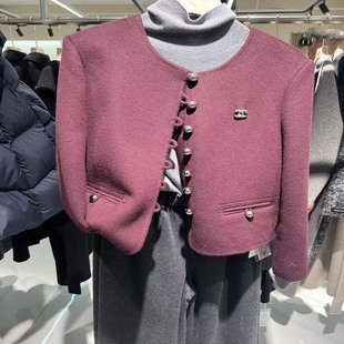 商场同款韩版小个子圆领短款双面羊绒气质外套2025秋冬新款女上衣