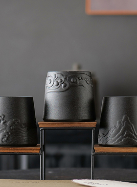 创意简约江山海浪陶瓷烟灰缸防飞灰家用黑陶建水茶盂水培花瓶装饰