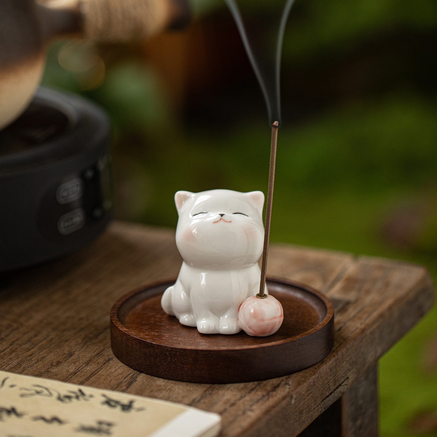 可爱猫咪陶瓷线香插香盘香托摆件
