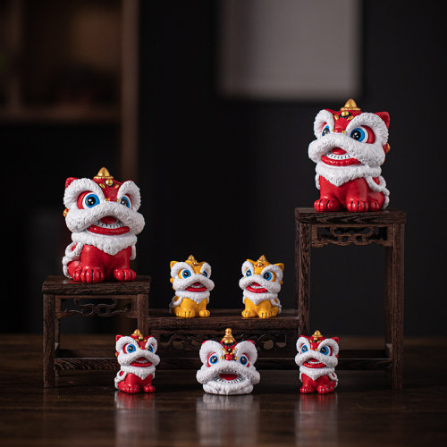 青砂石招财国潮桌面醒狮摆件装饰