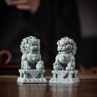 新中式石狮子公母一对茶宠摆件招财礼品小号看门庭院户外墓前装饰