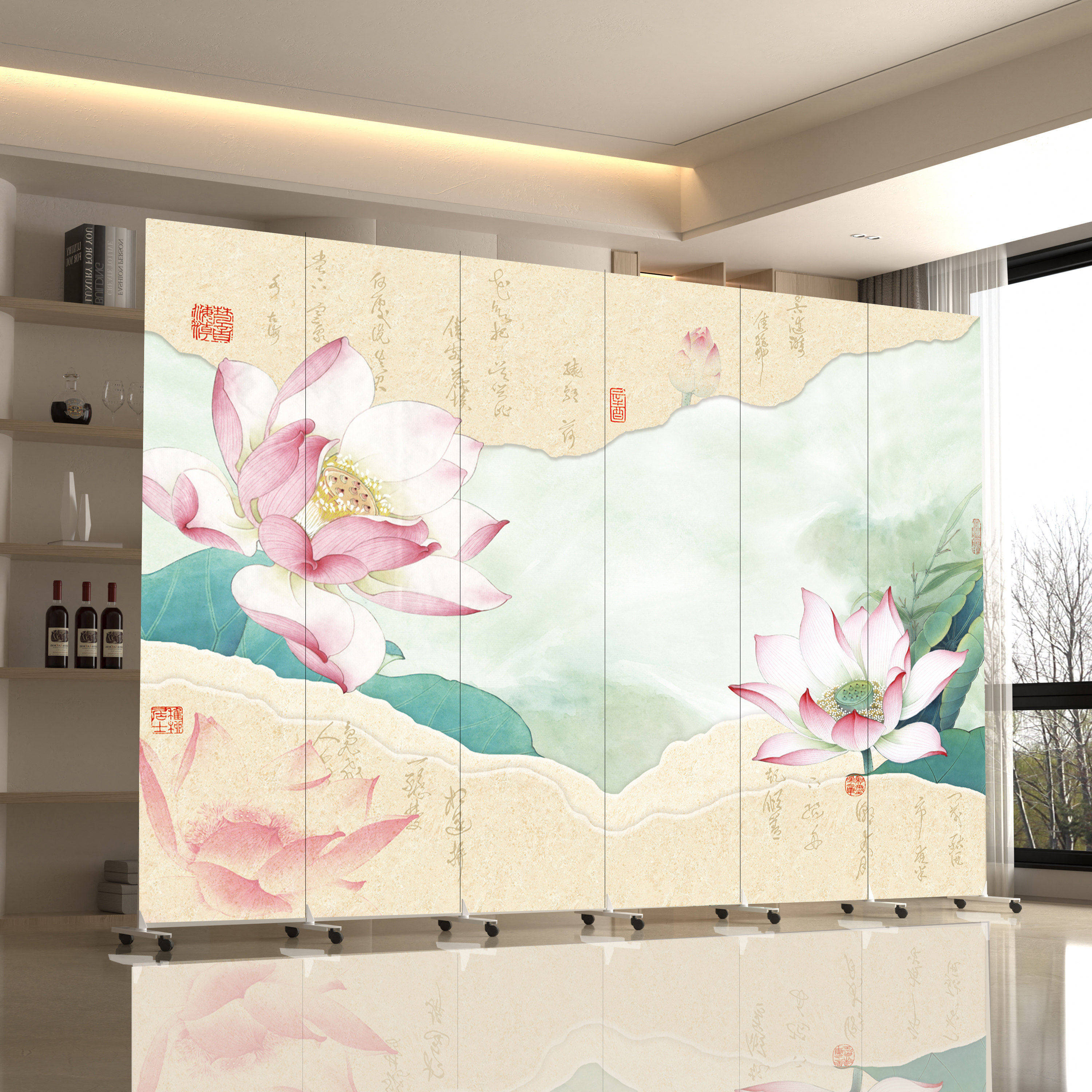 中式屏风隔断简约荷花卧室正对门折屏定制客厅玄关折叠办公室屏风