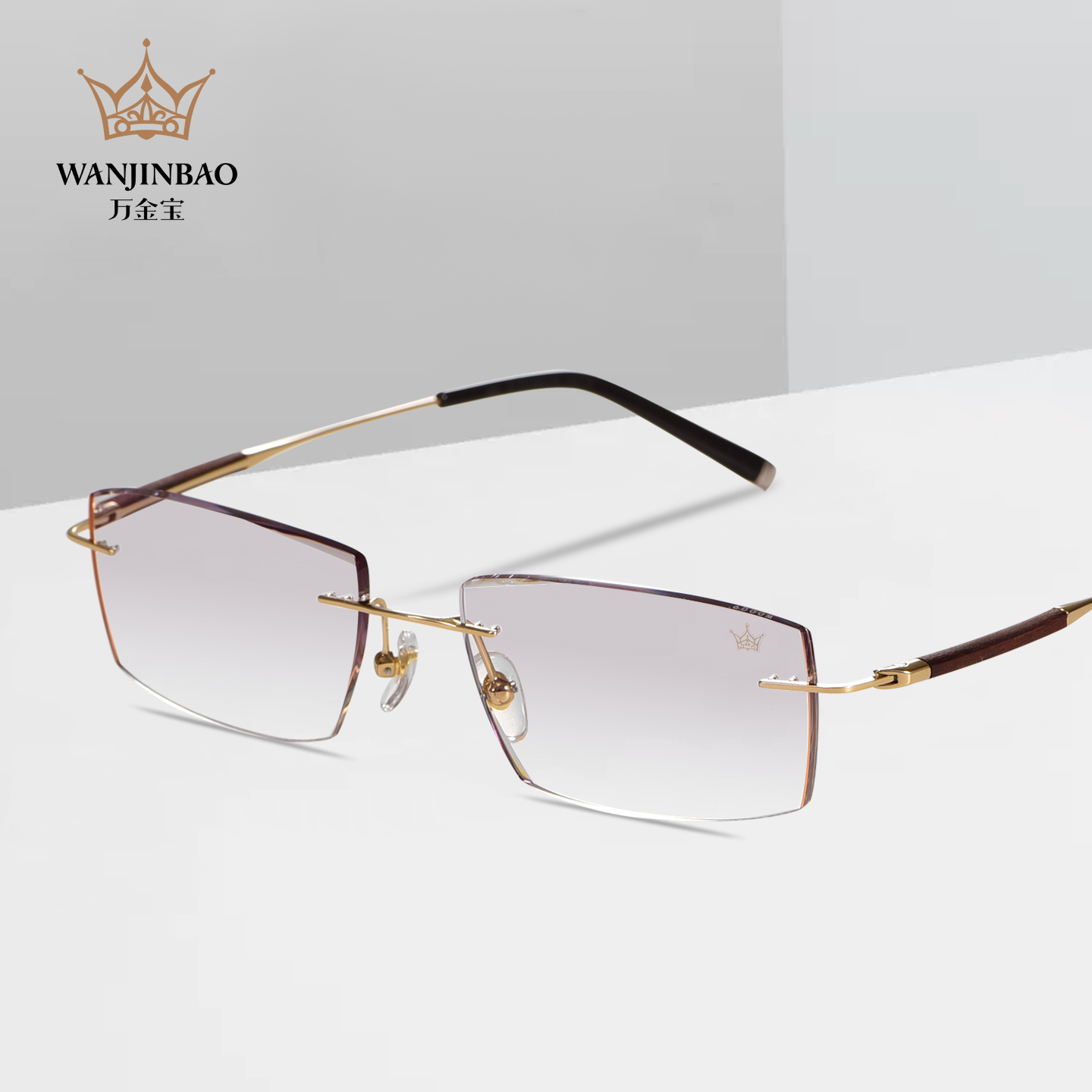 万金宝钻石切边无框檀木包金近视眼镜男士商务高端超轻钛架W0009