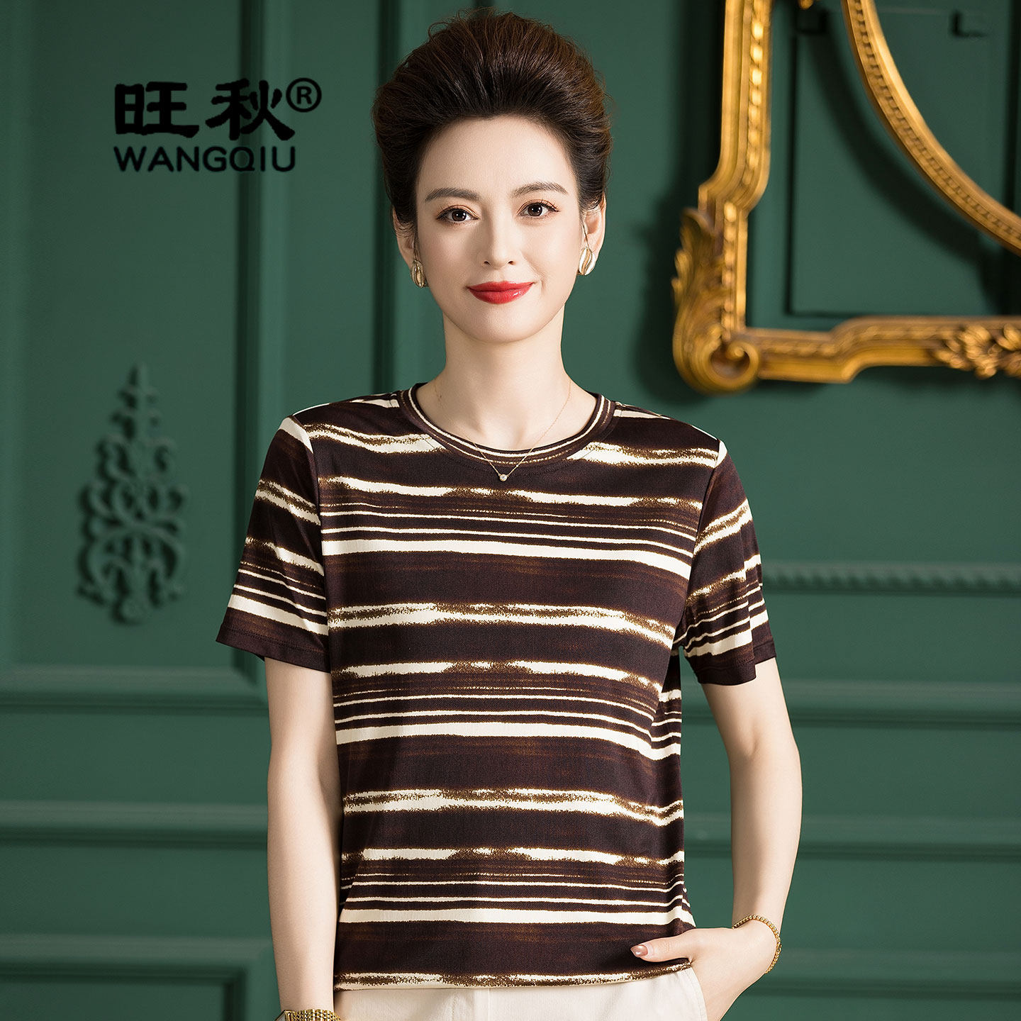 旺秋新复古条纹风100%桑蚕丝加捻针织短袖T恤女圆领显瘦真丝上衣