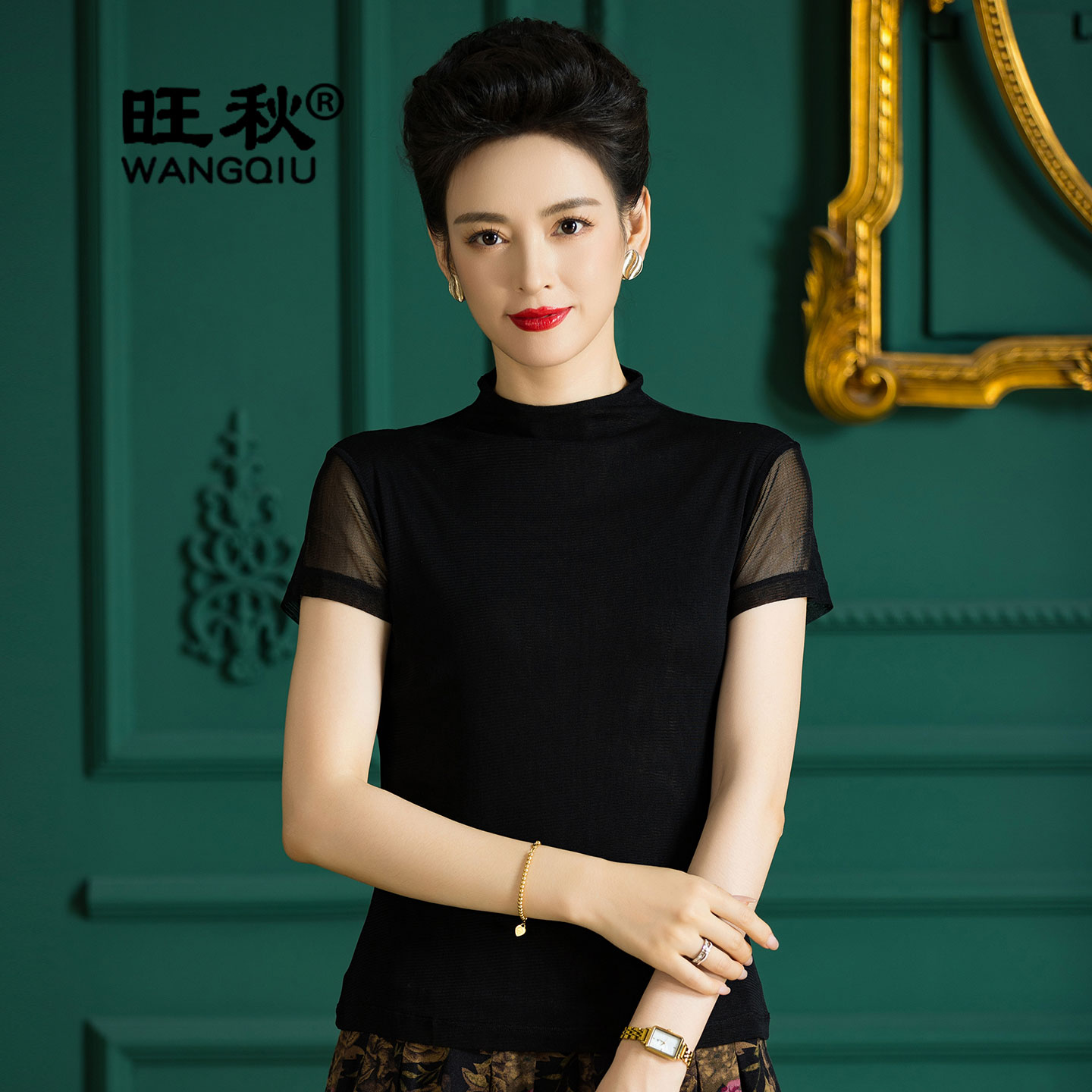 旺秋双层网纱网眼100%桑蚕丝针织T恤女夏季纯色立领短袖真丝上衣