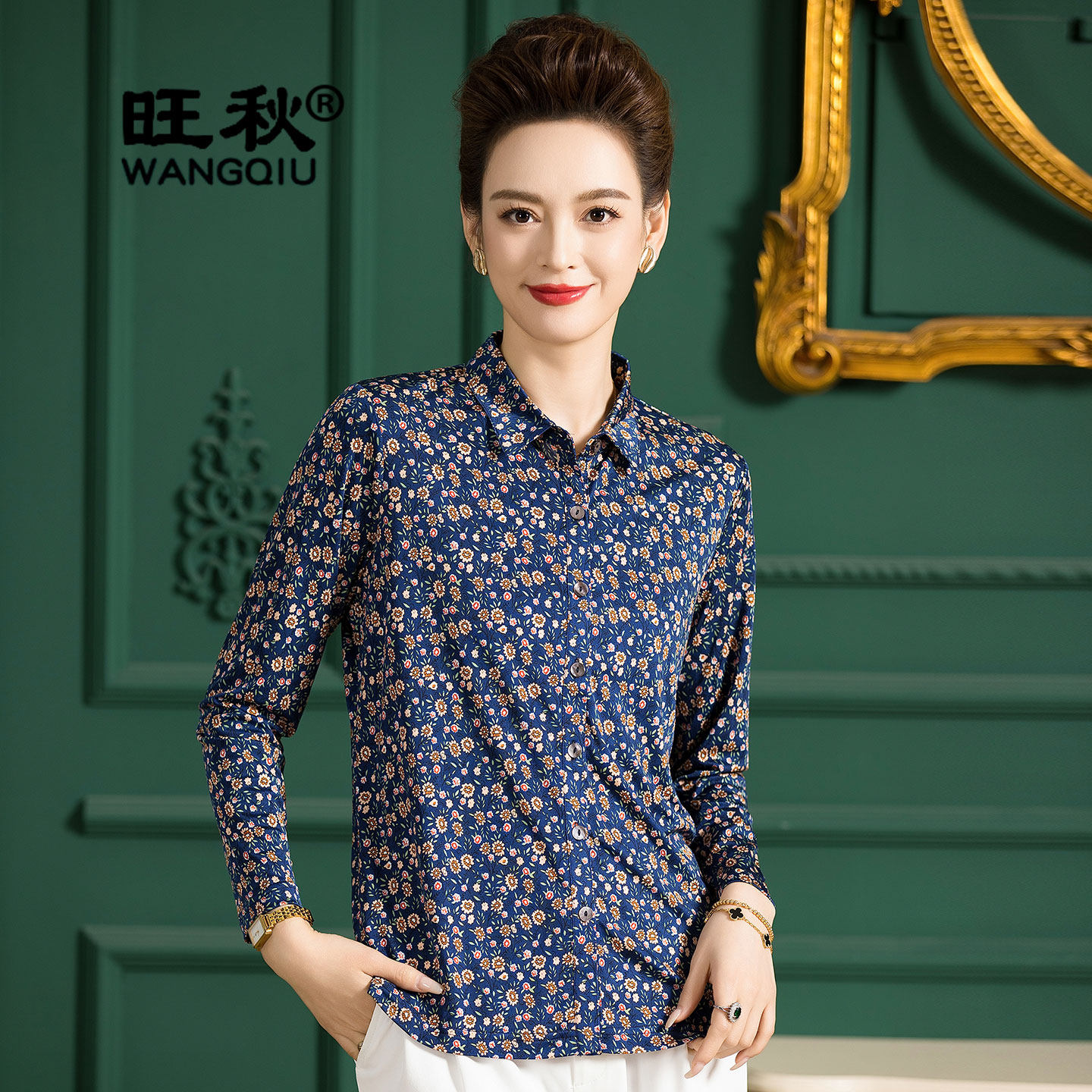 旺秋印花真丝衬衫女春夏100%桑蚕丝复古碎花上衣开衫中年妈妈衬衣