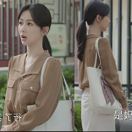 杨紫麦承欢记同款驼色雪纺衬衫小众百搭衬衣白色半身裙女新2024