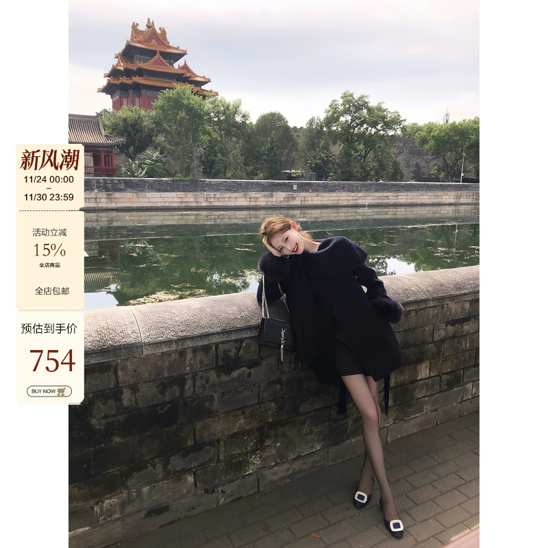 吃绿色菜【京洛佳人】千金风斗篷双面羊毛大衣毛呢外套