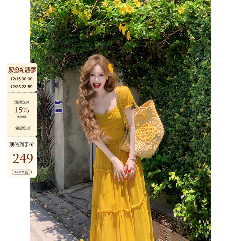 吃绿色菜【奶盐菠萝】弹力针织夏季方领泡泡袖蛋糕裙